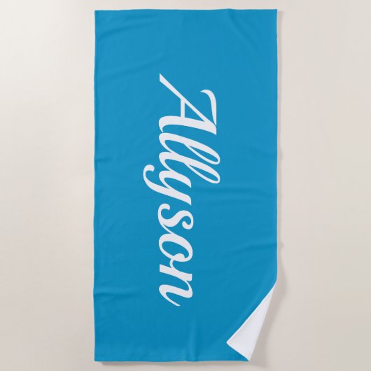 Naam personaliseren, wit script / blauw strandlaken (Voorkant)
