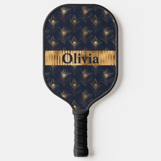 Naam Persoonlijke Peacock Feathers Print Gold Pickleball Paddle (Voorkant)