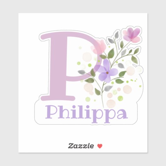 Naam Philippa plus Initiaal met Floral Design Sticker (Vel)