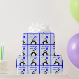 Naam pinguïn 3e verjaardagsblauw toevoegen cadeaupapier