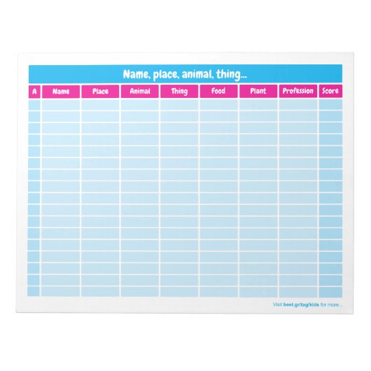 Naam, plaats, dier, Ding Word Game Notitieblok (Voorkant)