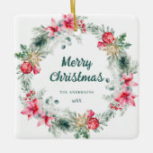 Naam Poinsettia Rode Groene Krans Kerstpoëzie Keramisch Ornament (Voorkant)