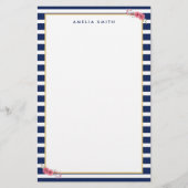 Naam Preppy Chique Blauwe Strepen Roze Bloemen Briefpapier (Voorkant)