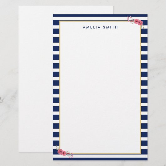 Naam Preppy Chique Blauwe Strepen Roze Bloemen Briefpapier (Voorkant / Achterkant)