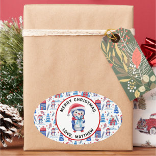 Naam, Prettig Kerstfeest Schattig Pinguïn Patroon Ovale Sticker