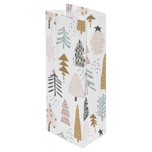 Naam prijsopgave | grillig winterboompatroon wijn cadeautas (Achterkant Gekanteld)