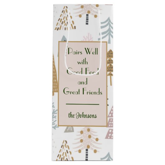 Naam prijsopgave | grillig winterboompatroon wijn cadeautas (Voorkant)