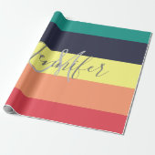 Naam primaire regenboogkleurblok Stripe Monogram Cadeaupapier (Uitgerold)