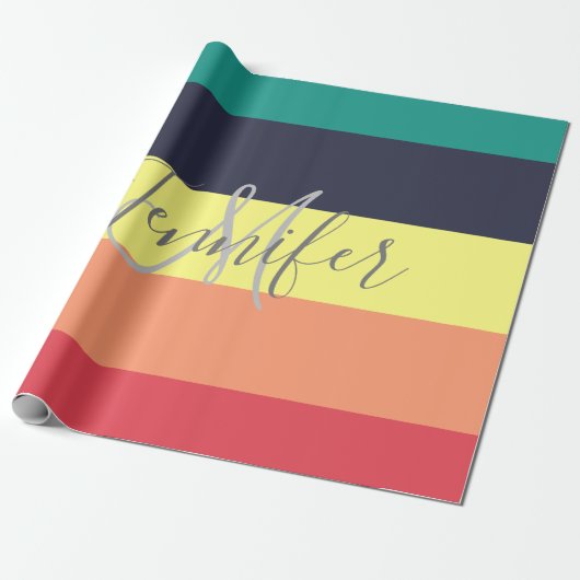 Naam primaire regenboogkleurblok Stripe Monogram Cadeaupapier (Uitgerold)