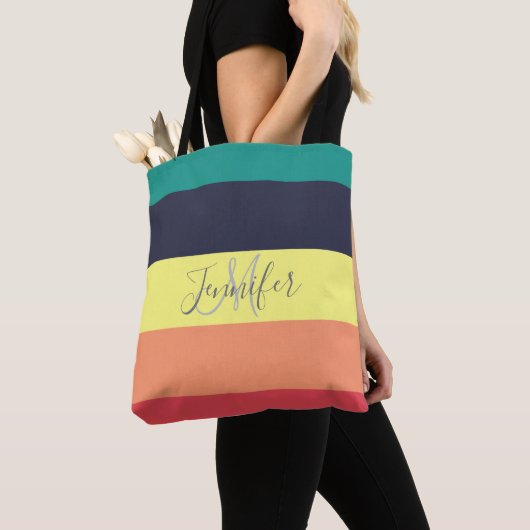 Naam primaire regenboogkleurblok Stripe Monogram Tote Bag (Dichtbij)