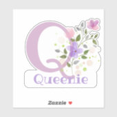 Naam Queenie & Initiaal met Floral Design Sticker (Vel)