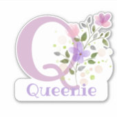 Naam Queenie & Initiaal met Floral Design Sticker (Voorkant)