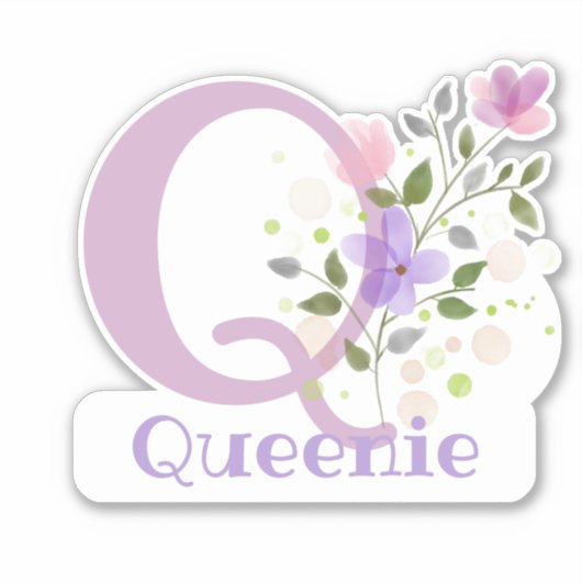 Naam Queenie & Initiaal met Floral Design Sticker (Voorkant)