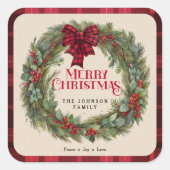 Naam Red Buffalo Plaid Boerderij Kerstkrans Vierkante Sticker (Voorkant)