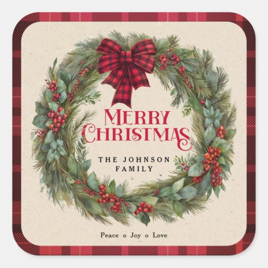 Naam Red Buffalo Plaid Boerderij Kerstkrans Vierkante Sticker (Voorkant)