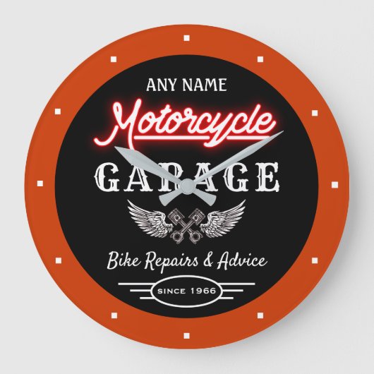 Naam Red Faux Neon Garage Date Oranje Black  Grote Klok (Voorkant)