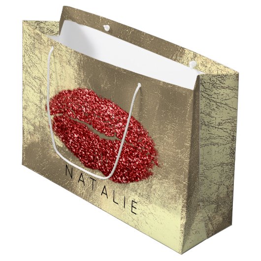 Naam Red Metal Kiss Lips Glitter Champagne Gold Groot Cadeauzakje (Voorkant Gekanteld)