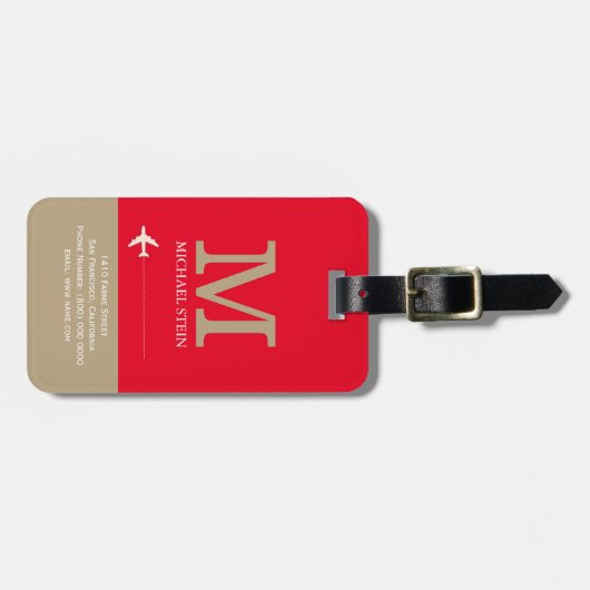 Naam reiziger Monogram Elegant Rood Bagagelabel (Voorkant horizontaal)