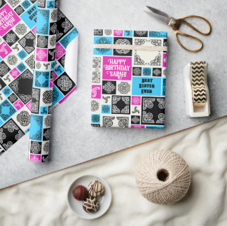 Naam & Relatie Verjaardag Magenta & Blauw toevoege Cadeaupapier