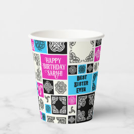 Naam & Relatie Verjaardag Magenta & Blauw toevoege Papieren Bekers