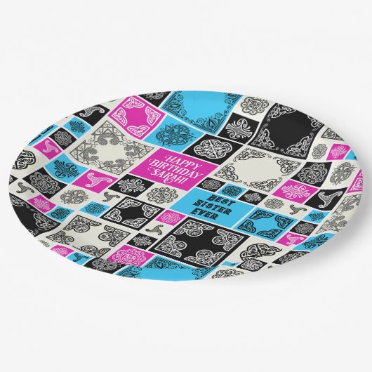 Naam & Relatie Verjaardag Magenta & Blauw toevoege Papieren Bordje (Gekanteld)