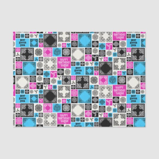 Naam & Relatie Verjaardag Magenta & Blauw toevoege Tissuepapier (Voorkant)