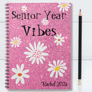 Naam, Retro Glitterende Heet Roze Slaagjaar Sfeer Notitieboek