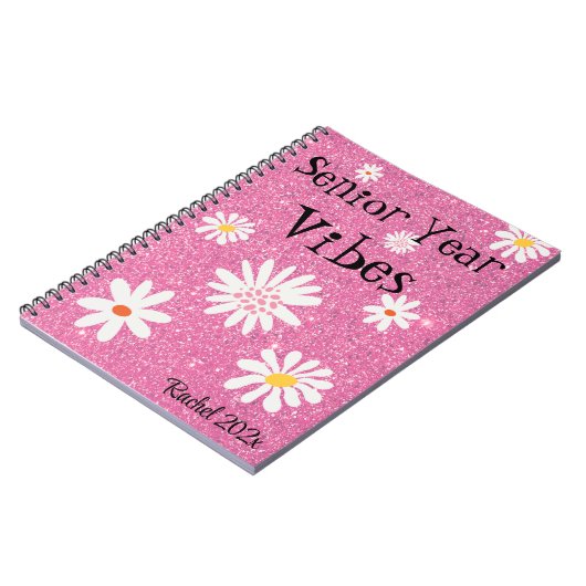Naam, Retro Sparkly Hot Pink Senior Jaar Vibes Notitieboek (Linkerzijde)