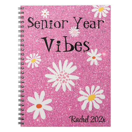 Naam, Retro Sparkly Hot Pink Senior Jaar Vibes Notitieboek (Voorkant)