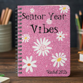 Naam, Retro Sparkly Hot Pink Senior Jaar Vibes Notitieboek