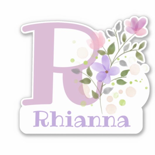 Naam Rhianna plus Initiaal met Bloemendesign Sticker (Voorkant)