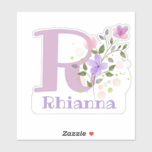 Naam Rhianna plus Initiaal met Floral Design Sticker (Vel)