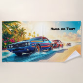 Naam, Rode & Blauwe Spier Auto's op Zand Strandlaken (Voorkant)