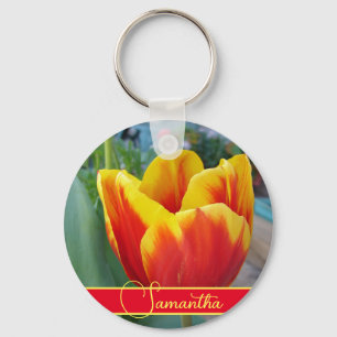 Naam rode en gele Tulip Floral Womans Sleutelhanger