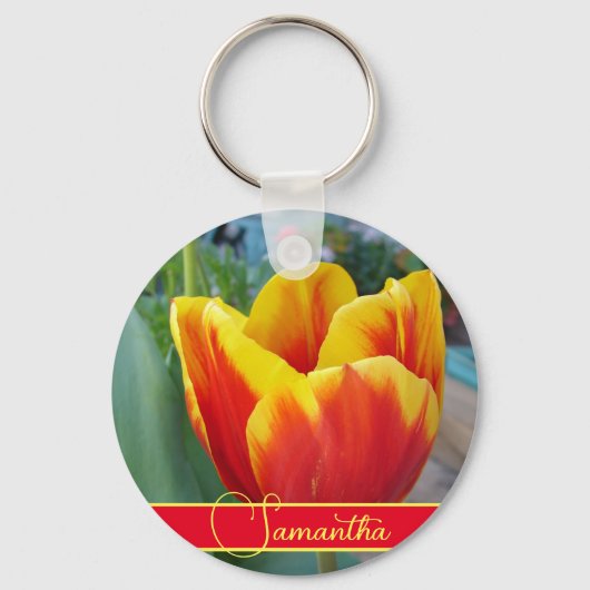 Naam rode en gele Tulip Floral Womans Sleutelhanger (Voorkant)