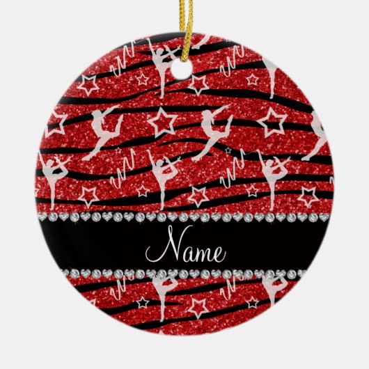 Naam rode gymnastiek glitter zebra stripes keramisch ornament (Voorkant)