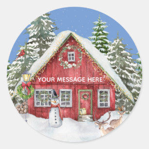 Naam rode landhuis Sneeuwkerstscène Ronde Sticker