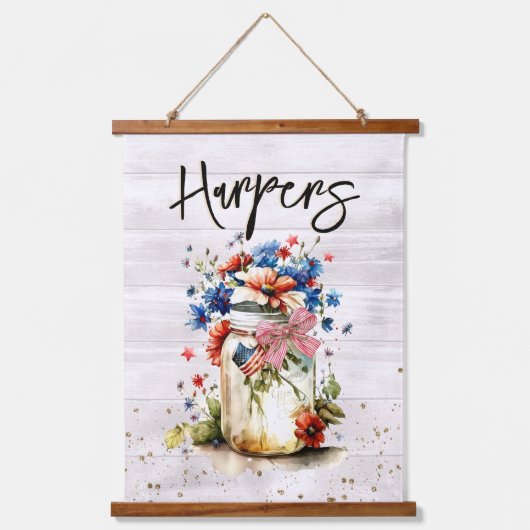 Naam rode witte en blauwe familie hangend wandkleed (Voorkant)