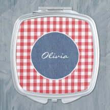 Naam || Rood en wit geruit, blauwe denimaccenten