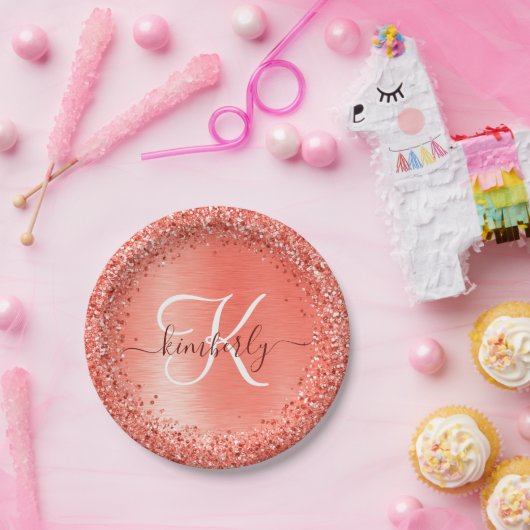 Naam rood geborsteld metaal Glitter Monogram Papieren Bordje (Feest)