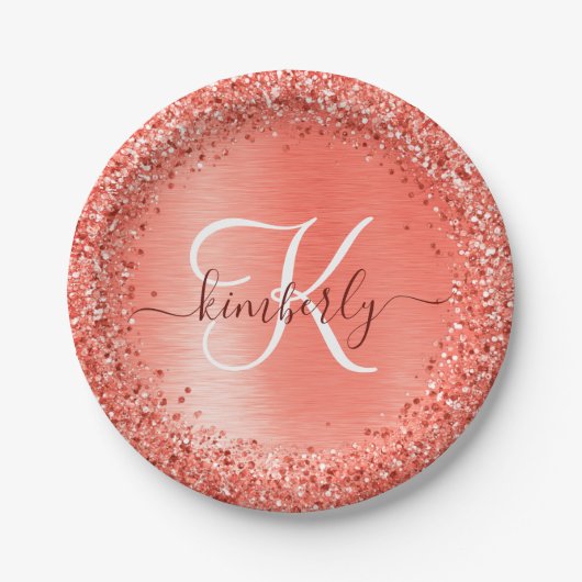 Naam rood geborsteld metaal Glitter Monogram Papieren Bordje (Voorkant)