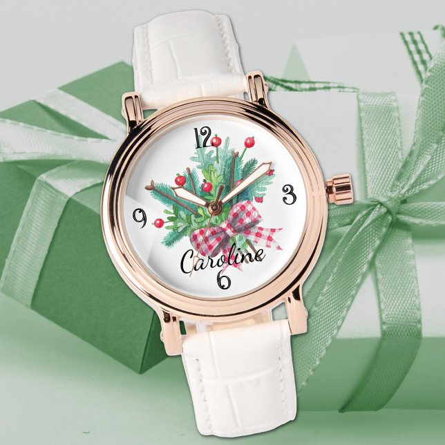 Naam, Rood & Groen Boeket Witte Leren Dames Horloge (Creator heeft geüpload)