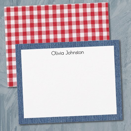 Naam || Rood Wit Buffalo Check Blauw Denim Frame Notitiekaartje
