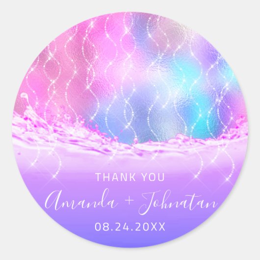 Naam Roos: Datum Vonk Blauwe Oceaan Waves Roze Ronde Sticker (Voorkant)