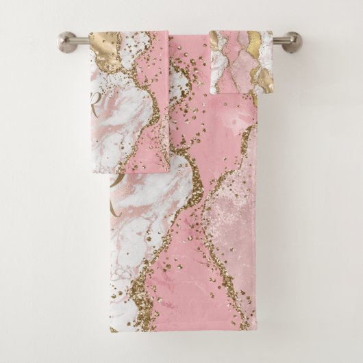 Naam Roos Gold Pink Agate Liquid & Glitter Gold Bad Handdoek (Insitu)