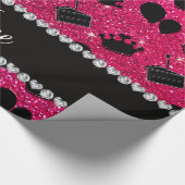 Naam roos roze glitter crowns balloncake cadeaupapier (Hoek)