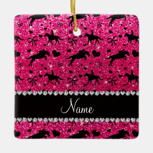 Naam roos roze glitter equestrian harten bogen keramisch ornament (Voorkant)