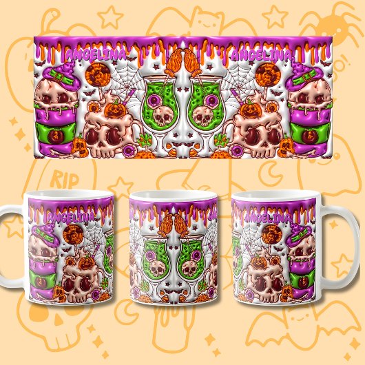 Naam Roze 3D effect Halloween Skull Cocktails Koffiemok