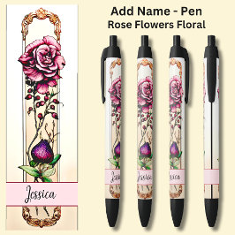 Naam Roze & Crème Bloemen Roos Zwarte Inkt Pen