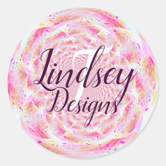 Naam roze en koraal monogram ronde sticker (Voorkant)